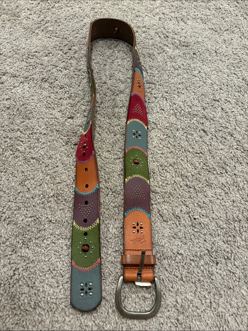 Fossil Women's Dress Belt Size S Large Patchwork Studded Emboidered Brown Green - Picture 1 of 8